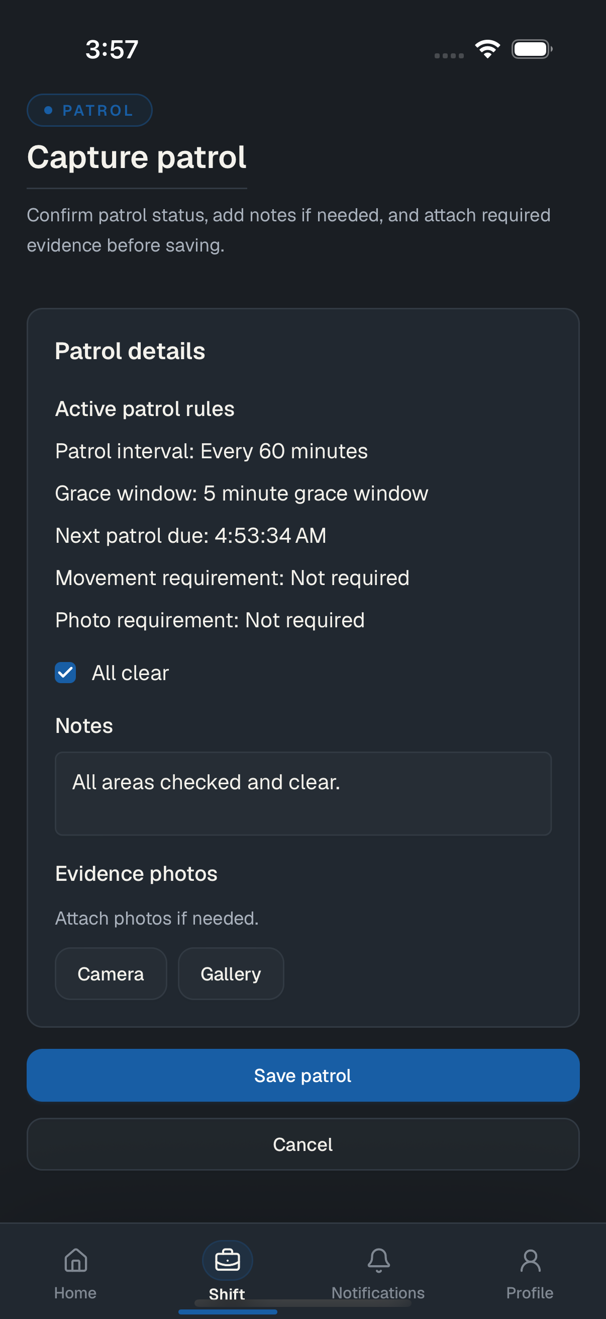 Mobile screen showing the JUDGR patrol form with rules, notes, and evidence buttons.