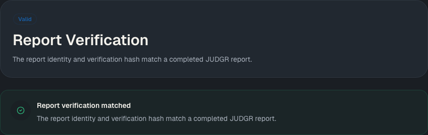 Valid JUDGR report verification state with matched integrity status.