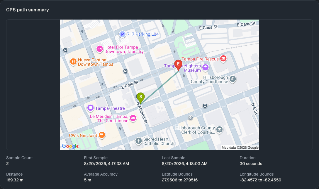 Reviewer GPS path summary with a map, start and end markers, sample count, and bounds.